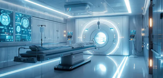 Futuristic MRI CT scanner tunnel in a hospital lab with holographic diagnostic interface panels.