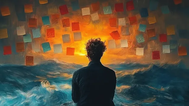 Curly-haired person sits facing rough ocean waves beneath a sky of warm glowing floating squares.