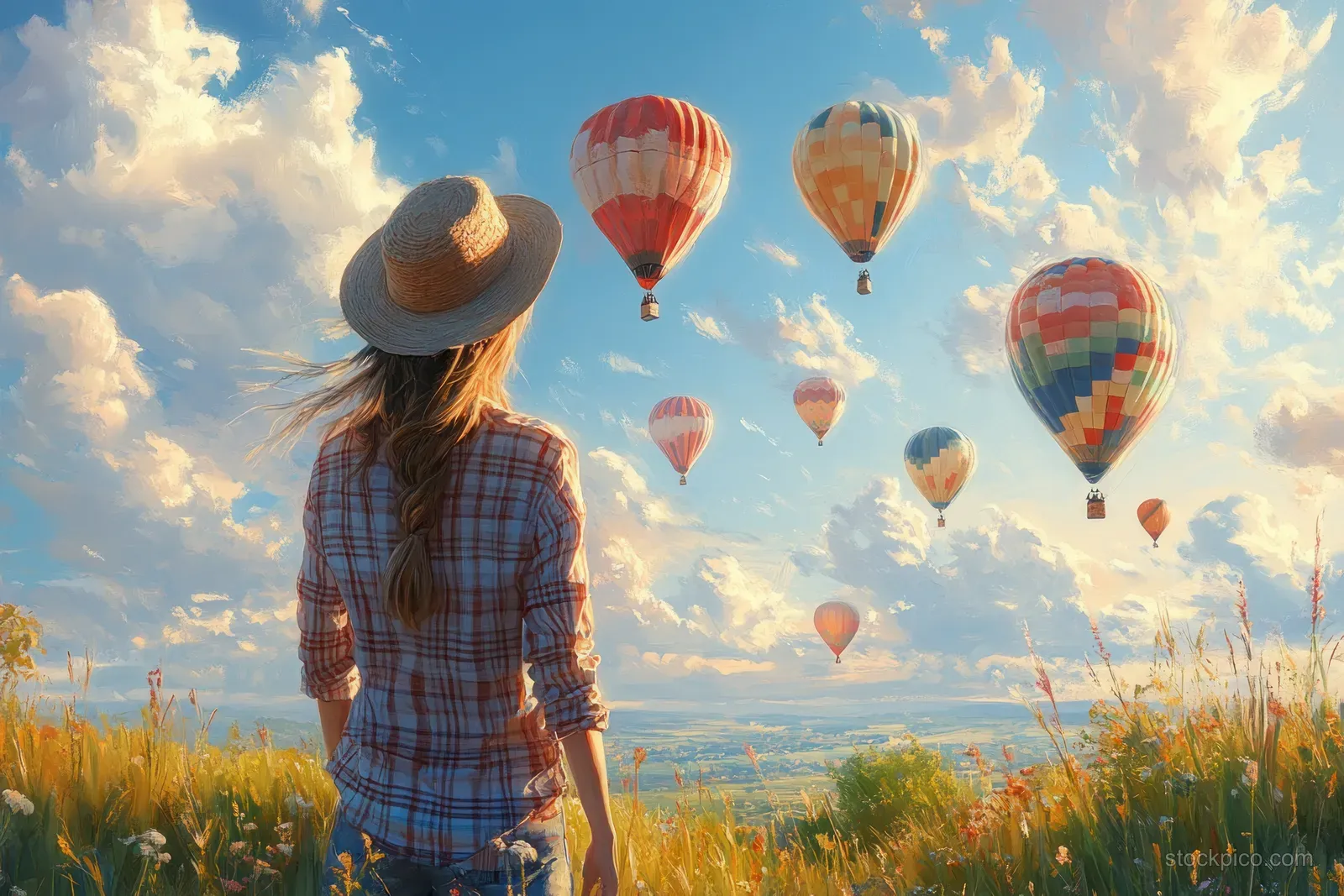 A woman stands in a field facing rising hot air balloons over Cappadocia at sunrise.
