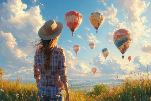 A woman stands in a field facing rising hot air balloons over Cappadocia at sunrise.