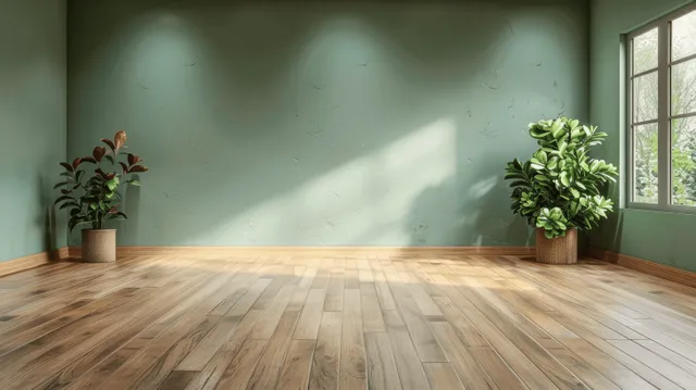 Minimal empty room with light green wall, wooden floorboards, and window light
