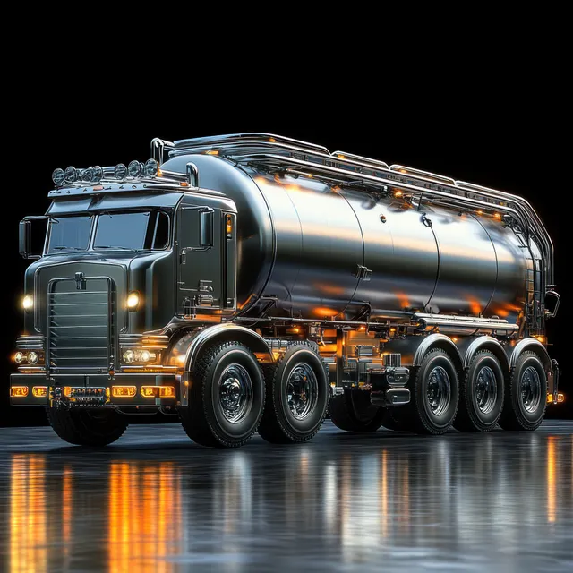 Shiny metallic tanker truck with warm headlights parked on a reflective floor against a black background.