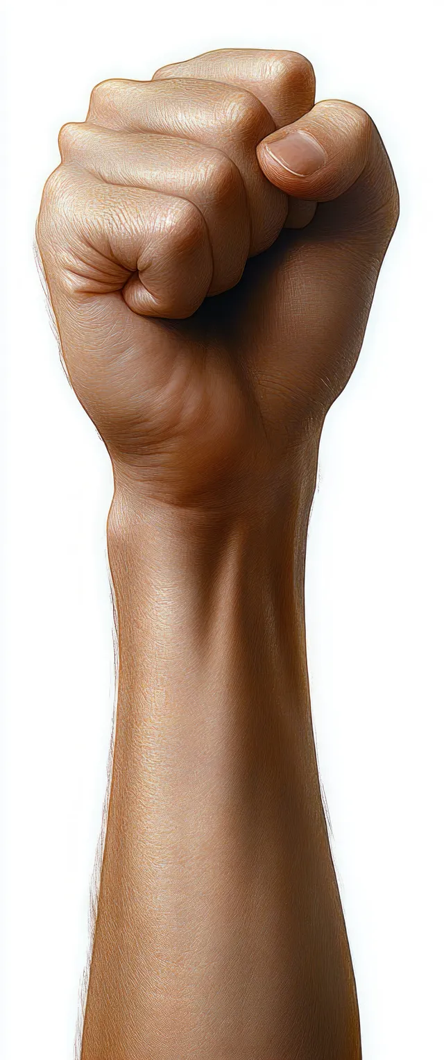 A raised clenched fist close-up shows visible muscle and smooth skin texture against a neutral background.