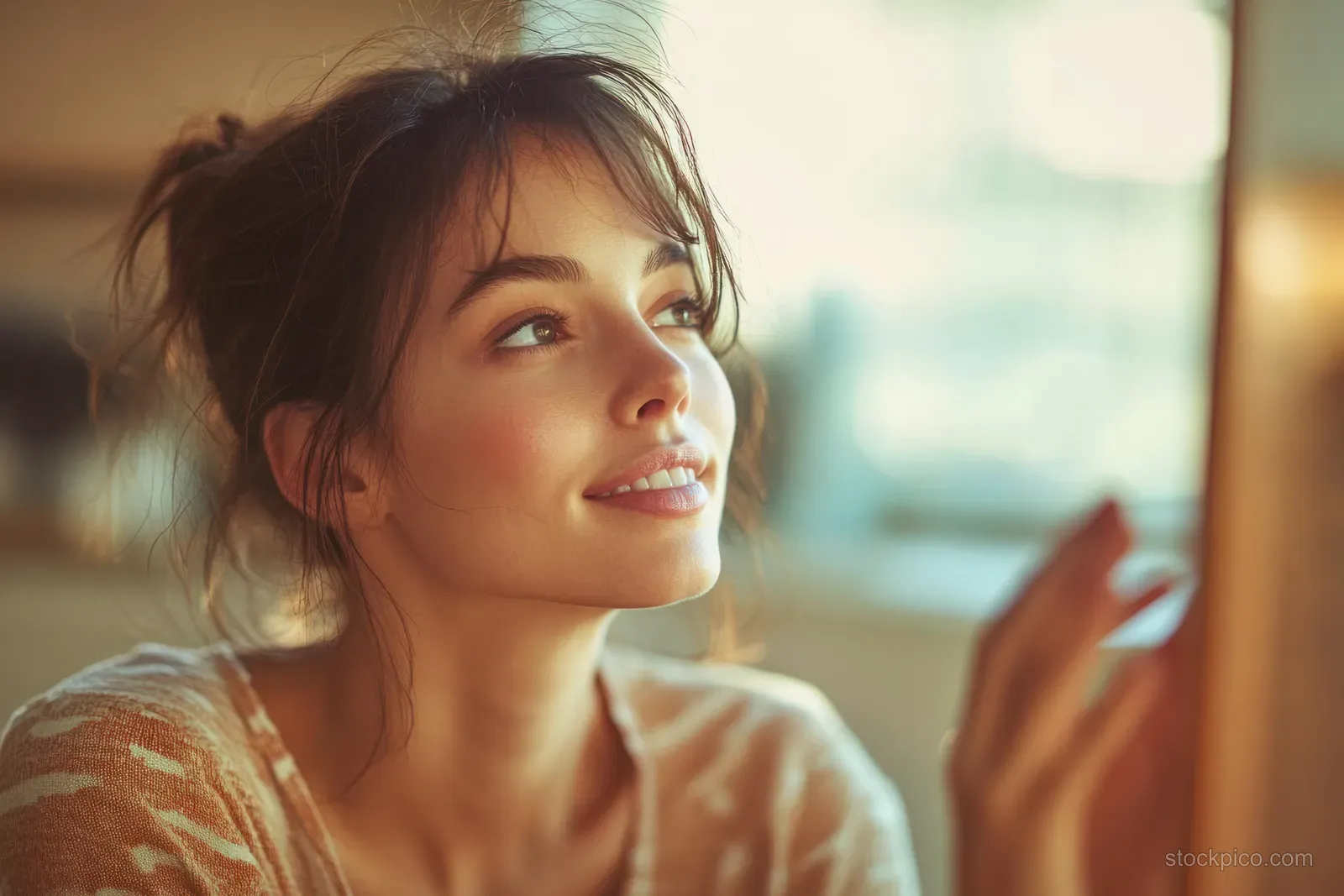 Smiling young woman applies moisturizer while looking at her reflection in a bathroom mirror with warm daylight.