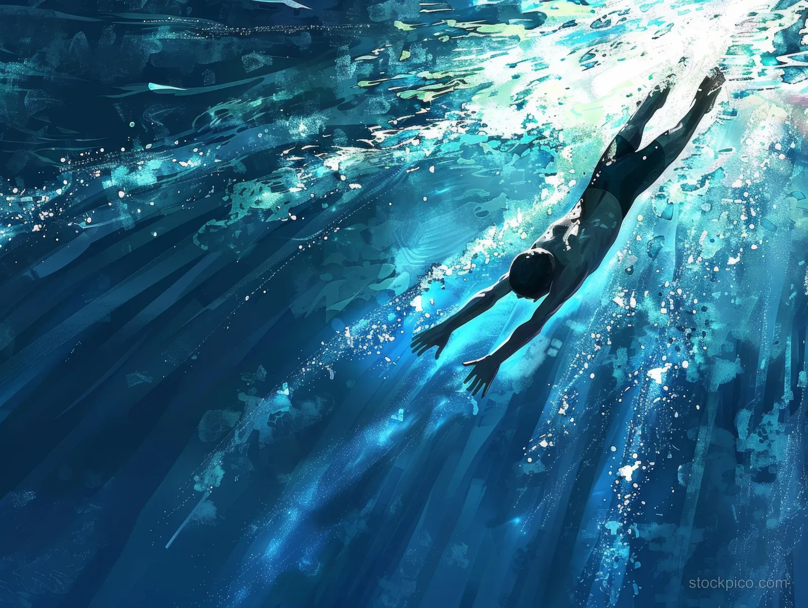 A Chinese swimmer dives into a pool, surrounded by bubbles and light rays as water splashes behind.