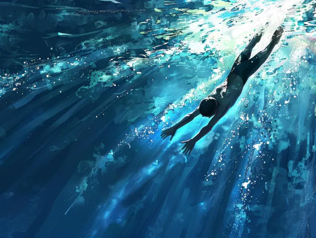 A Chinese swimmer dives into a pool, surrounded by bubbles and light rays as water splashes behind.