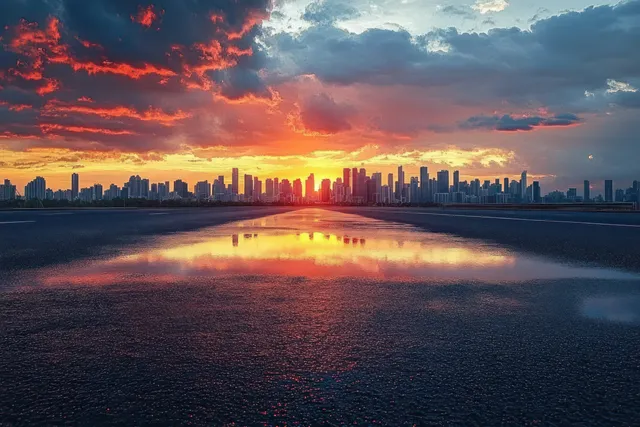 City skyline at sunset with vivid clouds reflected across wet pavement in the foreground.