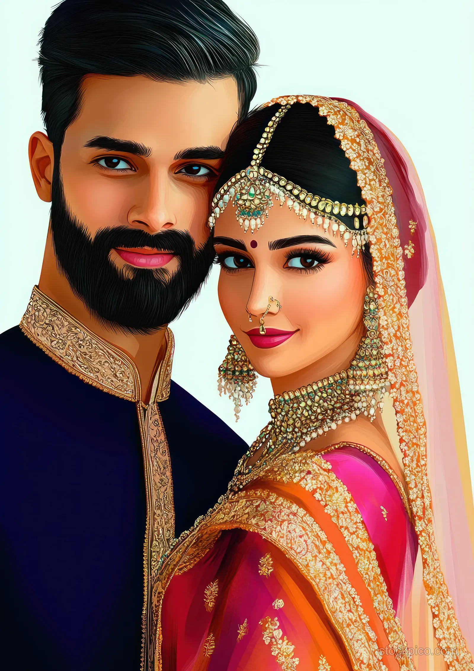 Smiling bride and groom in ornate Indian wedding attire with gold headpiece, veil, and embroidered jewelry close-up.