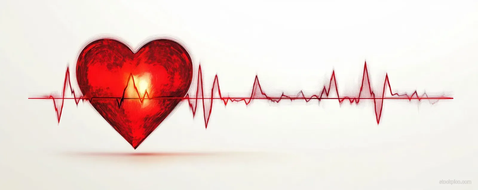 A red glowing heart overlays an electrocardiogram heartbeat line on a light background.