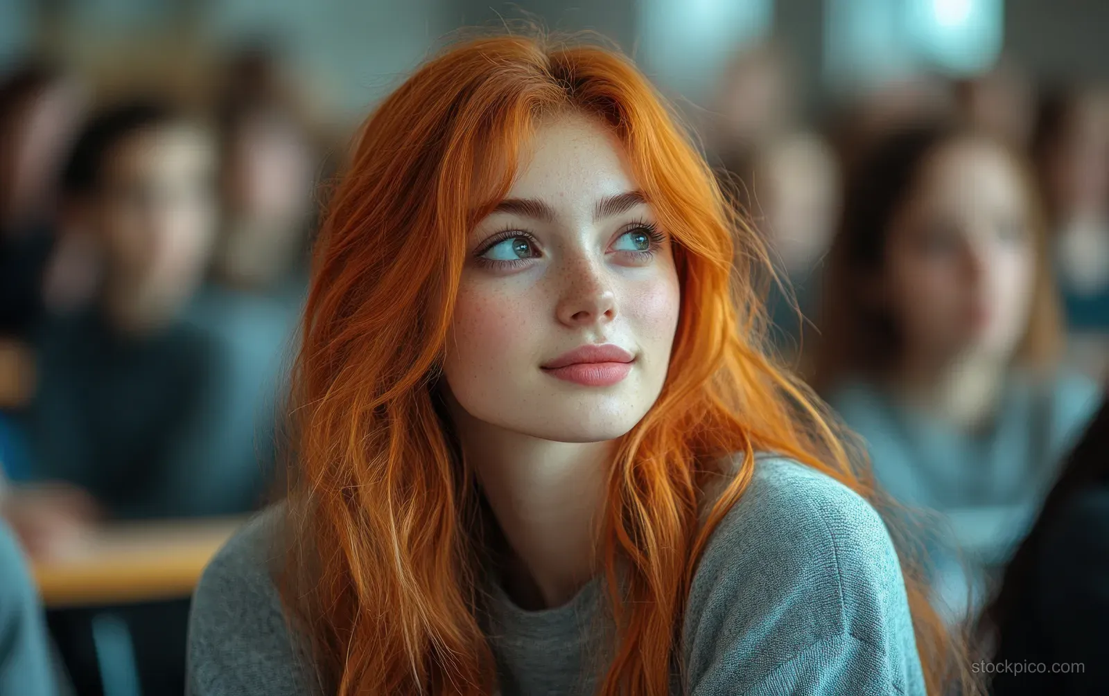 A woman with red hair listens calmly during a meeting with blurred coworkers and warm light bokeh behind her.