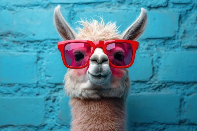 Funny alpaca wearing red sunglasses sticking out tongue against blue brick wall
