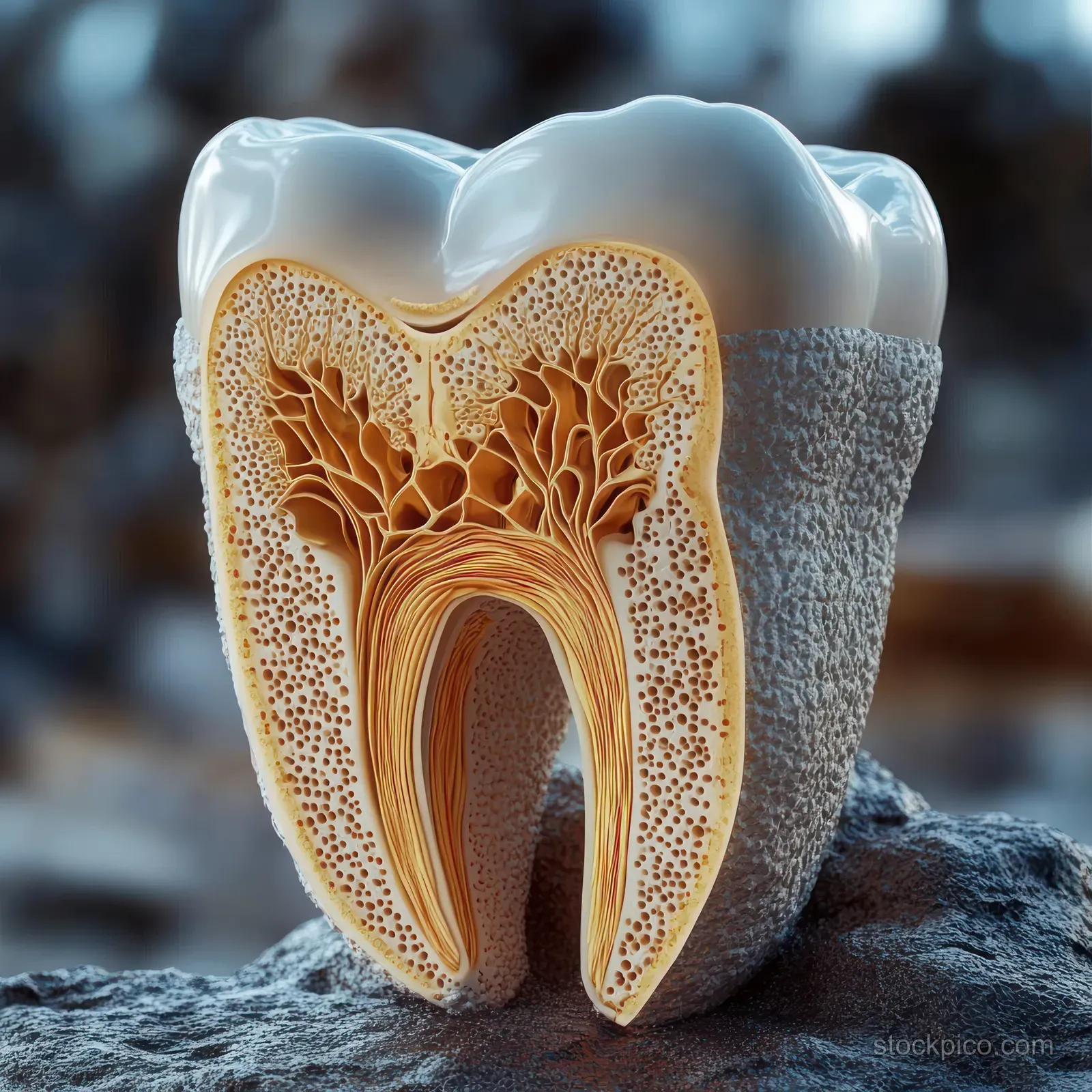 A tooth cross-section shows enamel, dentin, pulp cavity, and branching nerve and blood vessel structures.