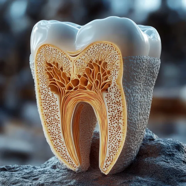 Tooth cross-section medical illustration showing enamel, dentin, and branching nerve vessels