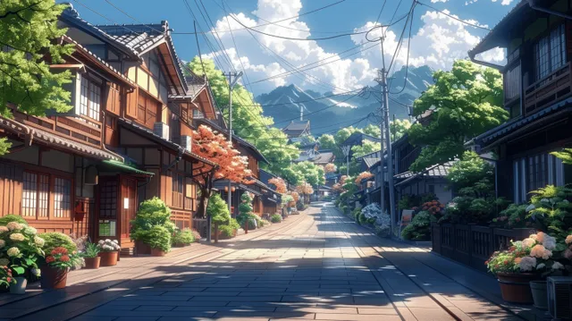 A tranquil evening street in a Japanese town, showcasing traditional wooden houses and warm lantern light in an anime style.