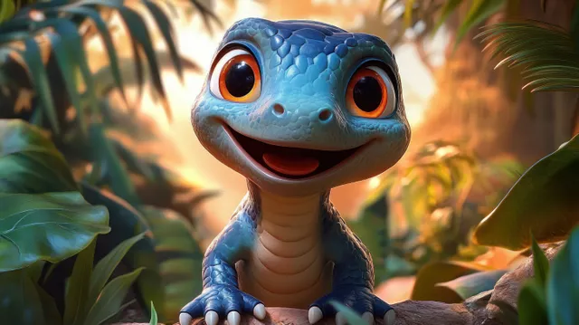 A blue baby cartoon dinosaur with orange eyes smiles in a sunlit tropical jungle surrounded by green leaves.