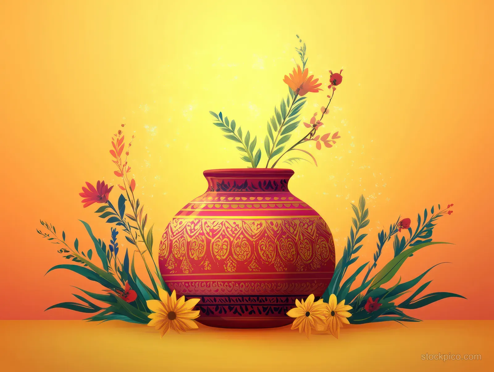 Decorative clay pot for Pongal surrounded by sugarcane leaves, flowers, and golden light on a warm background.