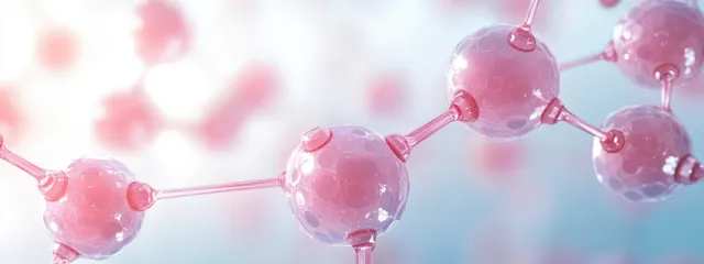 Pink molecular spheres connected by glowing bonds with a soft blurred skincare bokeh background.