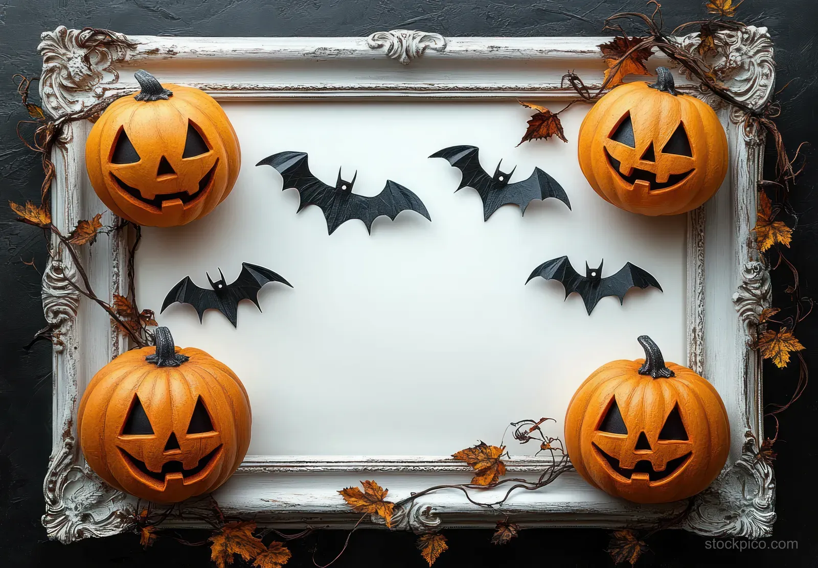 Four carved smiling pumpkins and paper bats arranged around an ornate white frame with autumn leaves on a dark background.