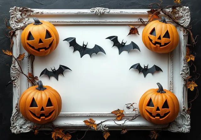Four carved smiling pumpkins and paper bats arranged around an ornate white frame with autumn leaves on a dark background.
