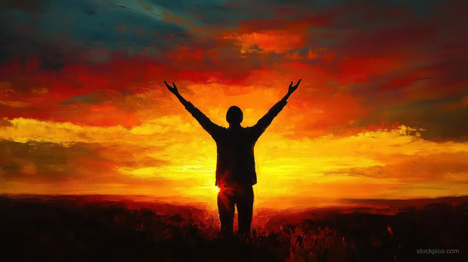 A silhouetted person raises both arms against a glowing orange and yellow sunset sky.