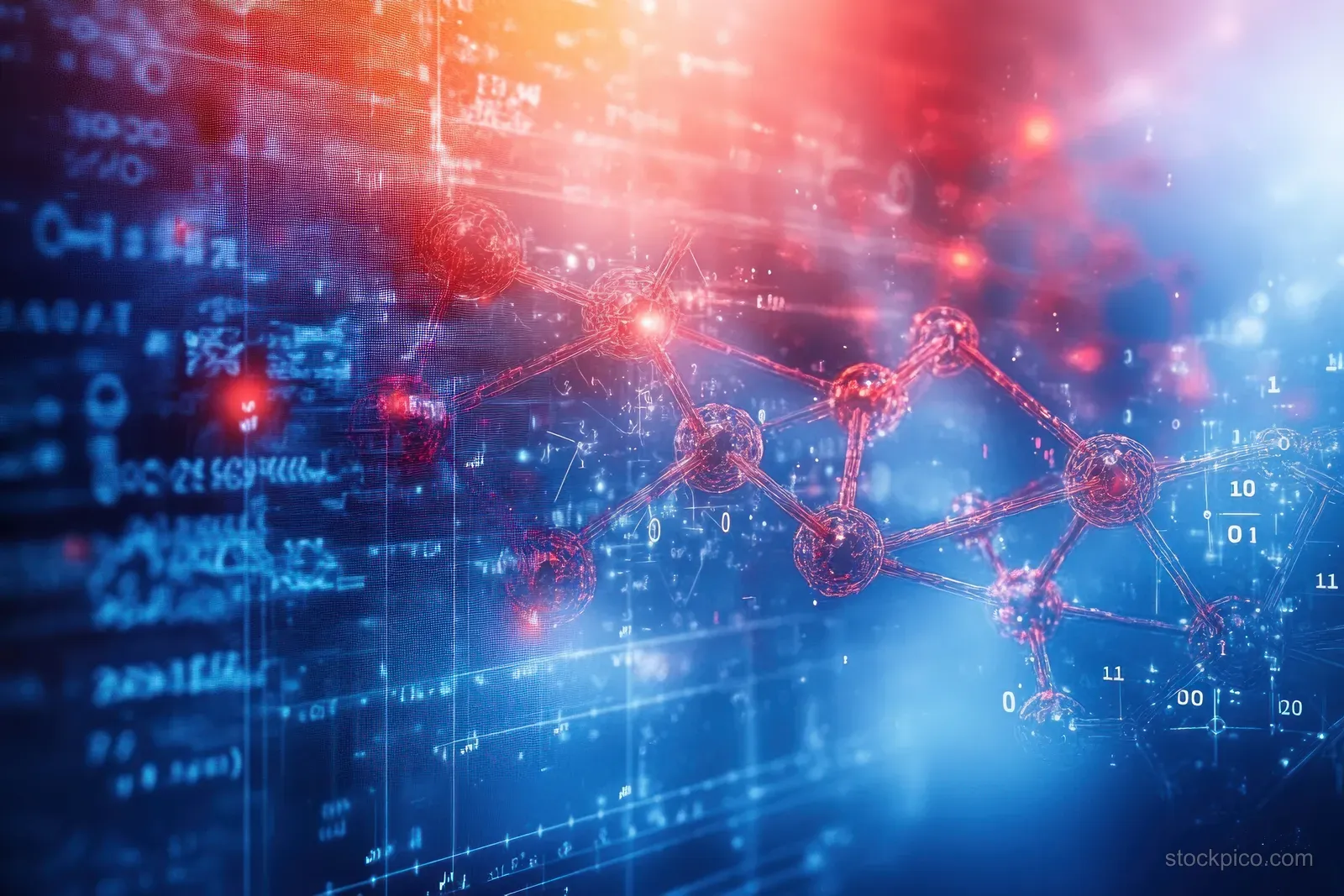 Abstract glowing molecular network with equations in a blue and red digital science scene.
