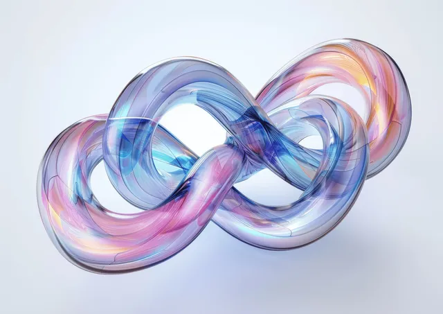Holographic twisted glass knot 3D render on clean white background with iridescent refraction