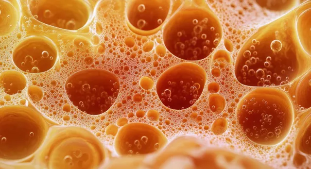 Orange liquid bubbles and foam cluster together in a backlit macro close-up with glowing light behind.