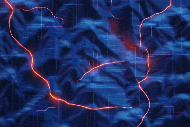 Glowing red contour and network lines trace across a blue digital terrain grid map background.