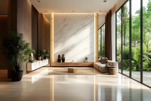 Minimalist entrance hall with marble wall, wooden floor, warm lights, and large windows revealing green trees.