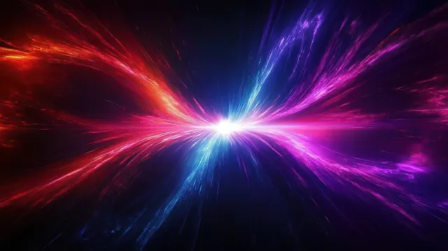 Vibrant light burst with blue purple pink streaks radiating from a bright center in darkness
