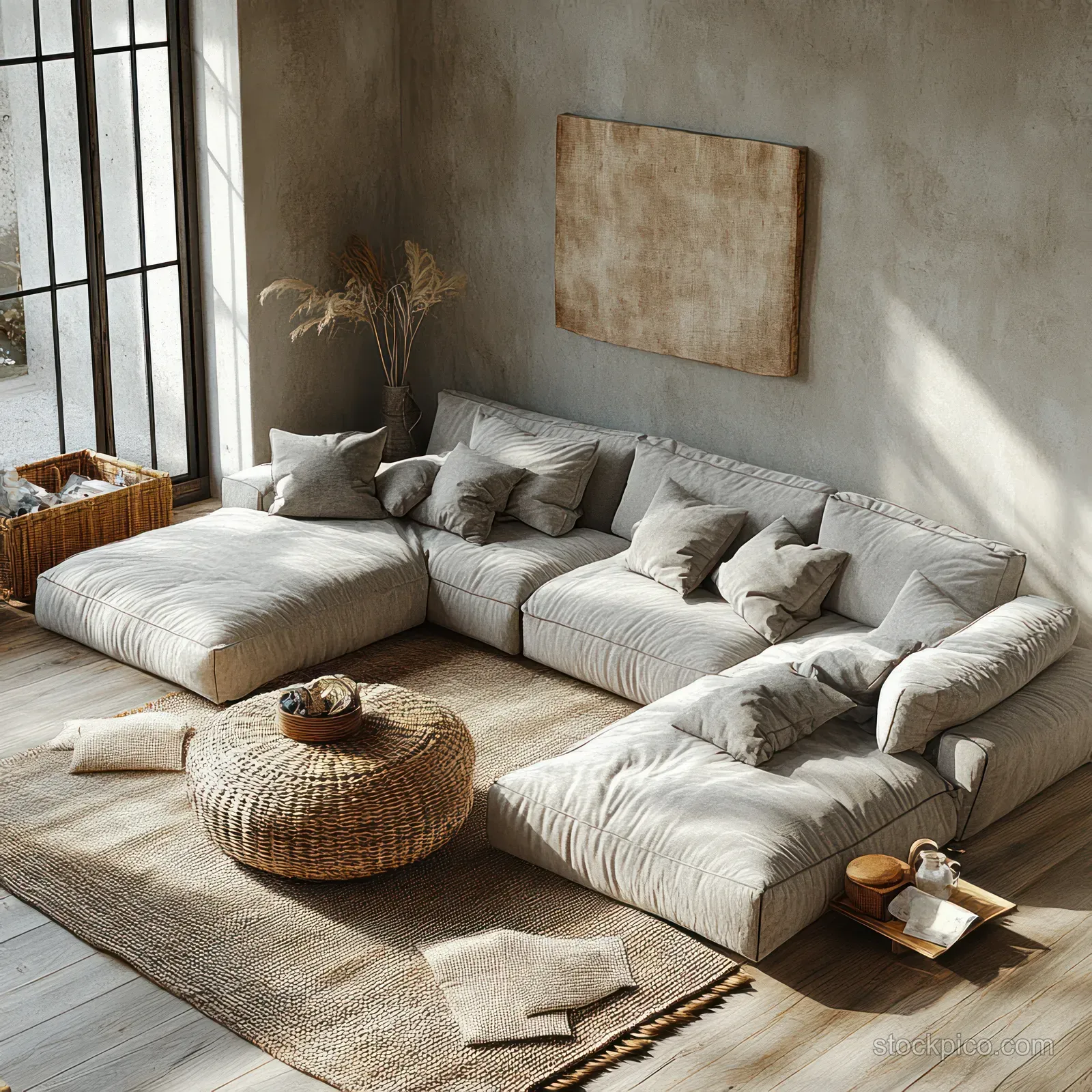 Sunlit minimalist living room showing a light sectional sofa, woven basket, rug, and wooden coffee table.