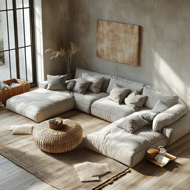 Sunlit minimalist living room showing a light sectional sofa, woven basket, rug, and wooden coffee table.