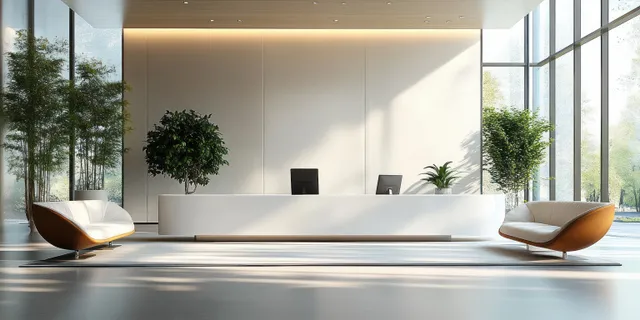 Minimalist reception desk and chairs in a bright office lobby with potted trees and large window light.