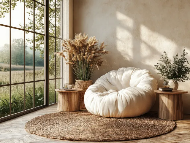 Cream plush armchair on a rug near a large window with soft morning light and a serene green landscape outside.