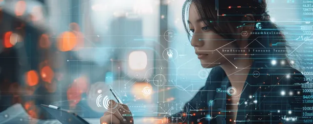 Woman analyzes AI data dashboards on tablet with glowing network security overlays