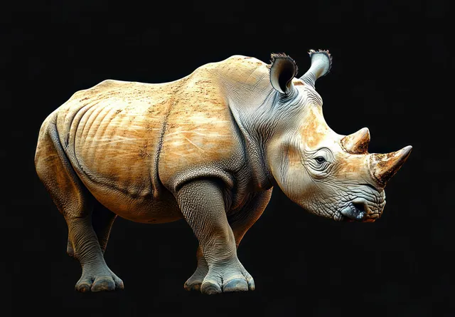 Close-up of a calm rhinoceros showing textured skin and two horns against a black background.