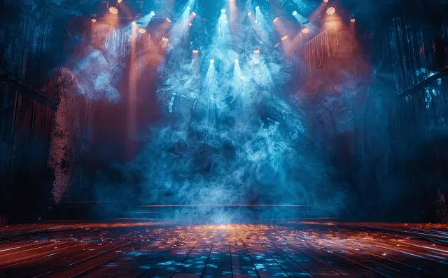Empty stage in a dark theater lit by blue and orange spotlights with drifting smoke and visible beam rays.