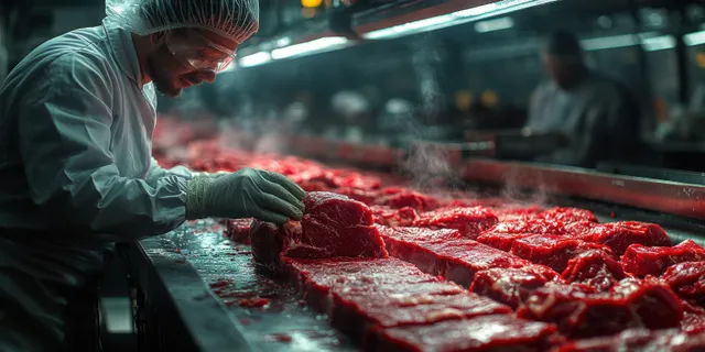 A worker in blue gloves inspects raw meat on a conveyor belt in a clean processing facility.
