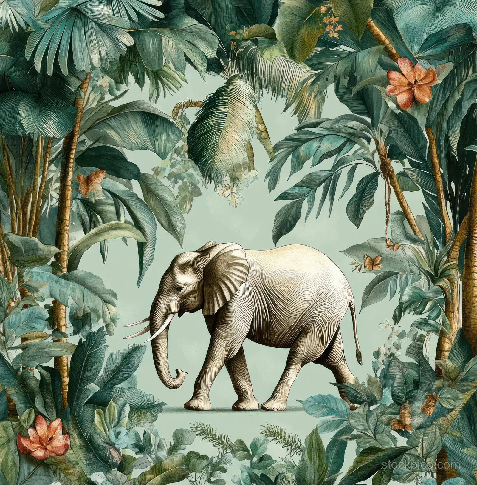 Elephant in a dense tropical jungle scene surrounded by layered botanical leaves and small flowers.