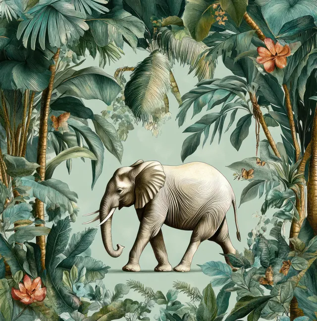 Elephant in a dense tropical jungle scene surrounded by layered botanical leaves and small flowers.