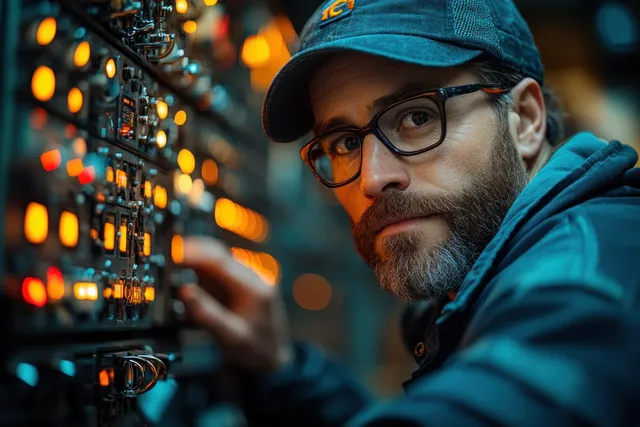 Technician monitors control panel in industrial workshop, face close-up with cable-lit background