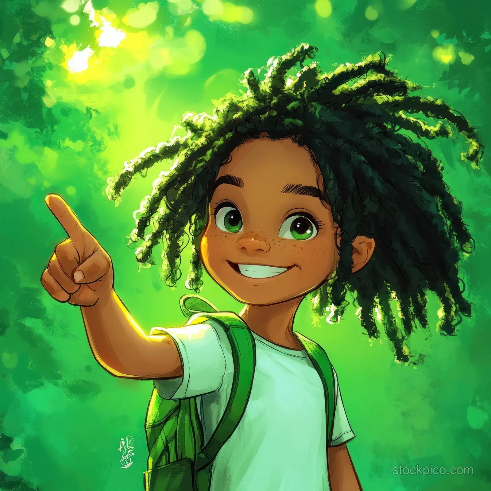 Cartoon girl with natural dreadlocks pointing joyfully on a bright green background with glowing light spots.