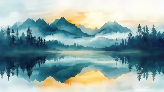 Misty sunrise over mountain peaks mirrored in a calm lake with pine trees along the shoreline.