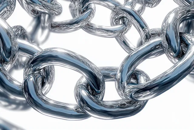Interlocked chrome chain links with smooth reflective surfaces against a white background.