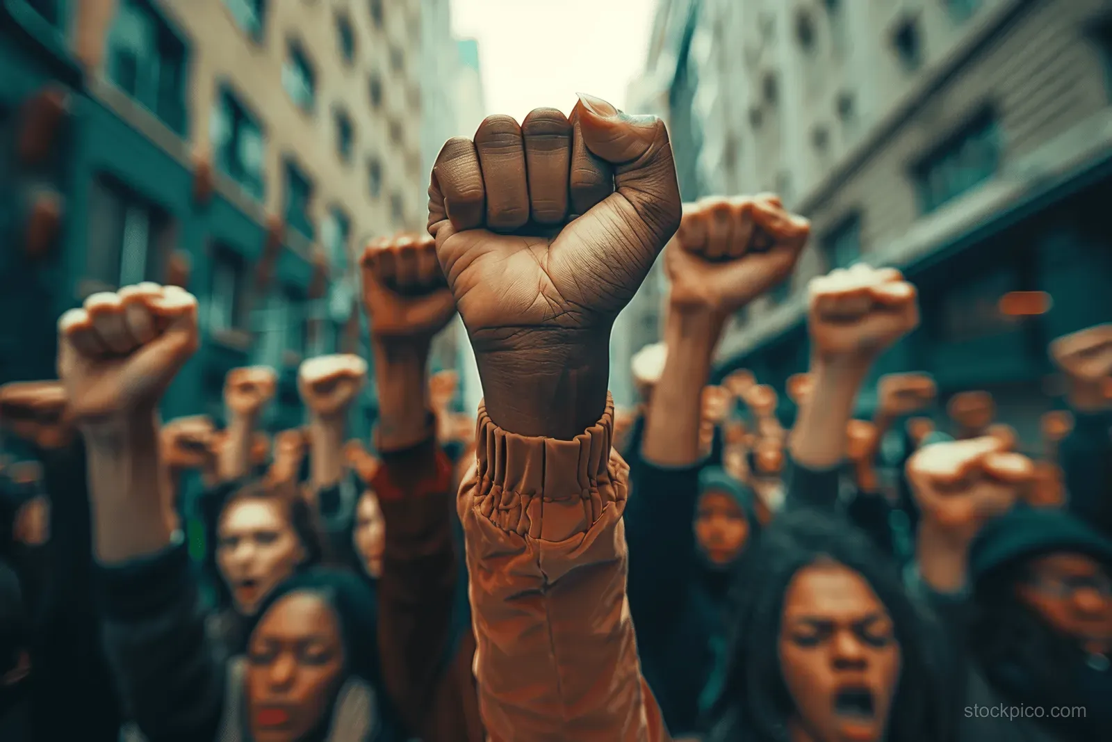Crowd of protesters raising fists on a city street.