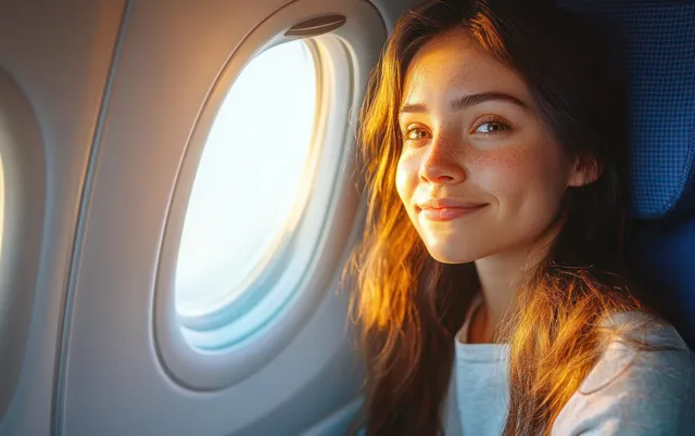 Smiling young woman with freckles sits by an airplane window as warm sunlight fills the cabin.