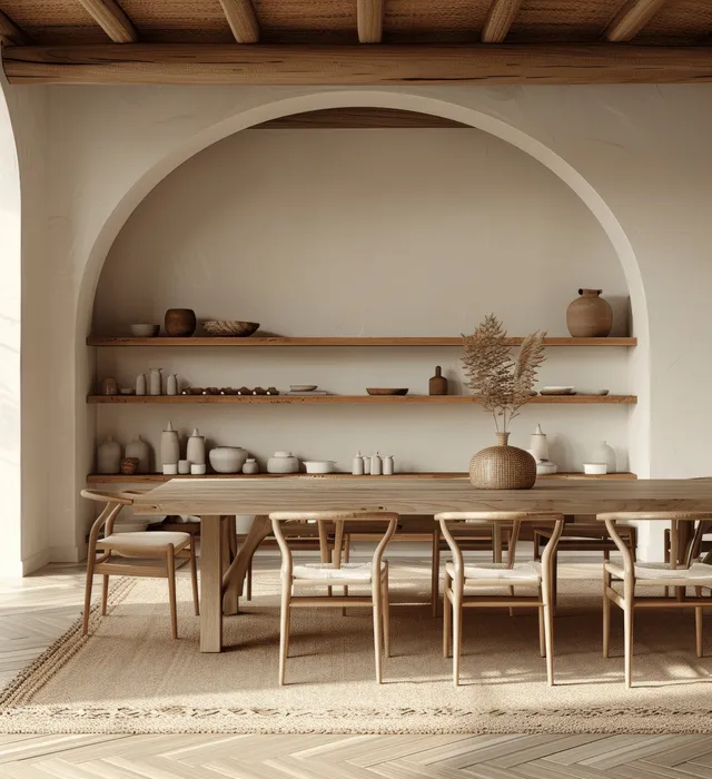 Wooden dining chairs sit in front of an arched wall shelf with neutral decor under soft natural light.