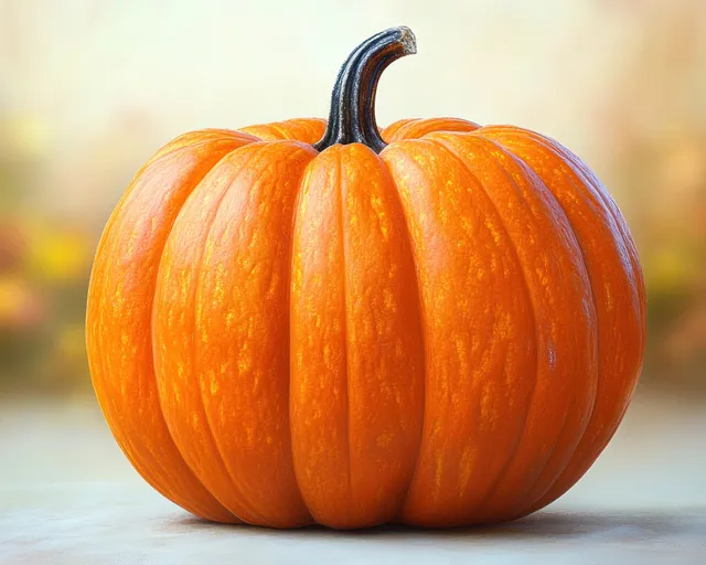 Orange pumpkin closeup with visible ribs and curved lobes under soft natural light, blurred background behind it.
