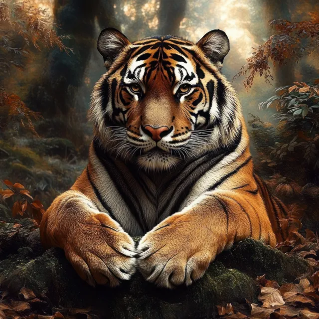 Tiger resting on a mossy log in an autumn forest, staring with an intense gaze under soft sunlight.