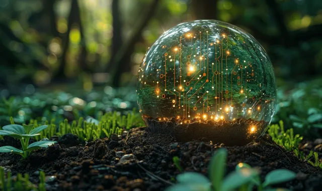 Glowing digital sphere above soil in a lush sustainable farm setting
